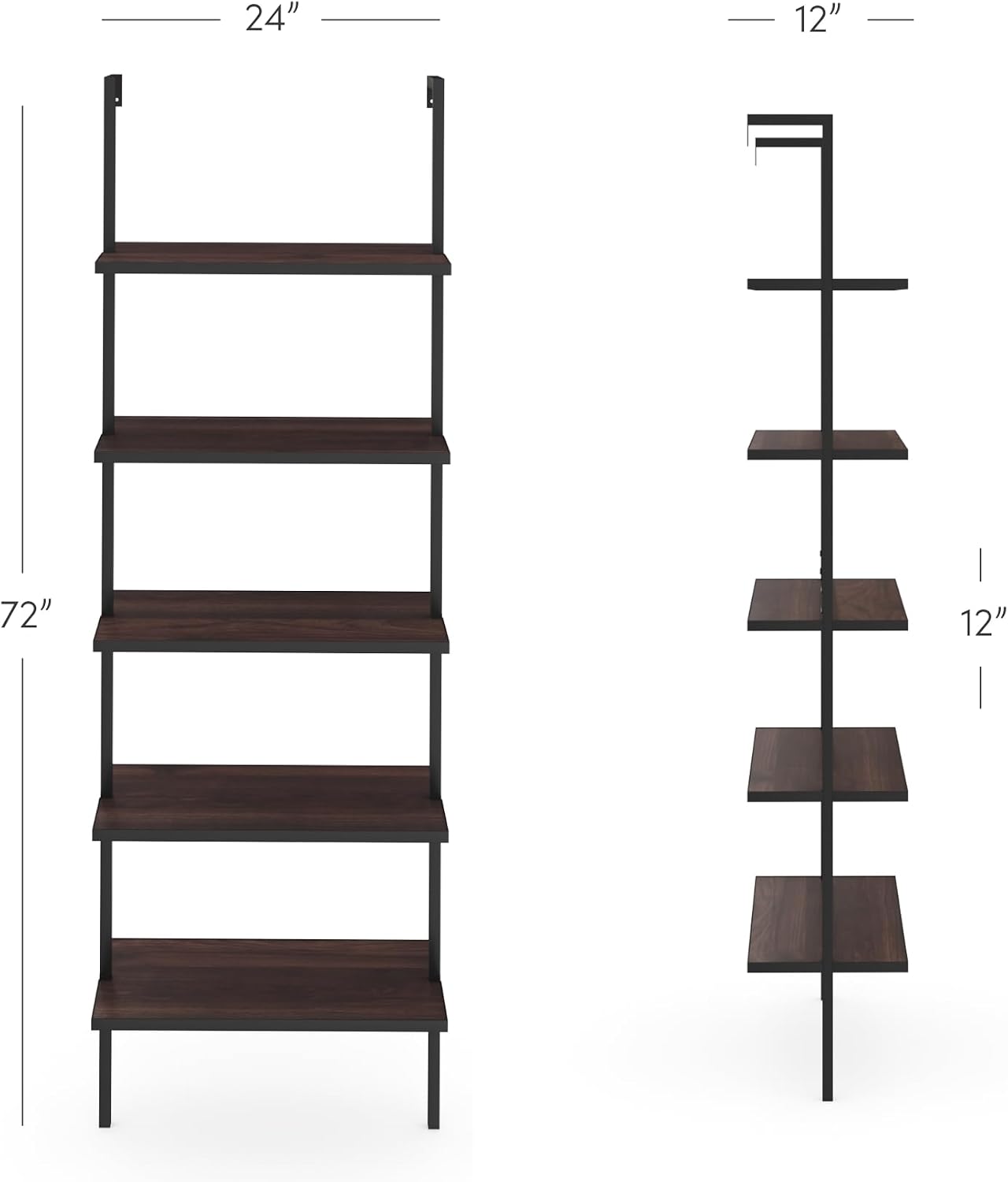 Nathan James Theo 5-Shelf Wood Modern Bookcase, Open Wall Mount Ladder Bookshelf with Industrial Metal Frame, Walnut Brown/Black, Set of 2