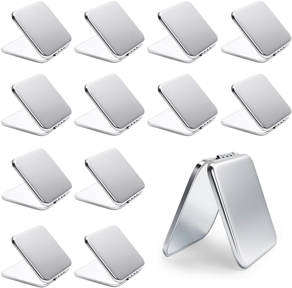 Compact Mirror for Purse, Metal Square Shell, Double-Sided 1X/2X Magnifying, ...