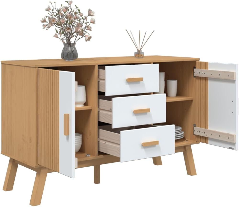 White and Brown Solid Pine Wood Sideboard with Multiple Drawers and Doors for...