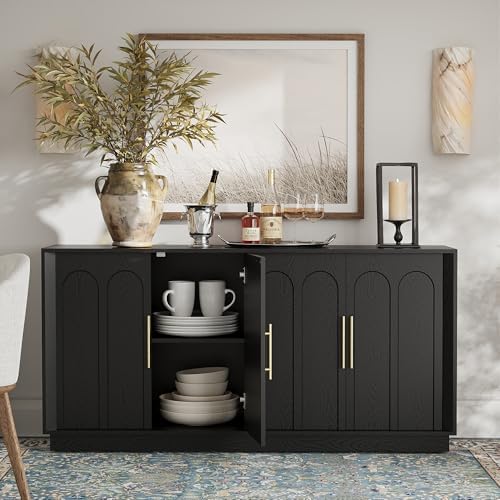 FORTUNETEC 67" Sideboard Buffet Cabinet with Storage, Arched Doors, Black
