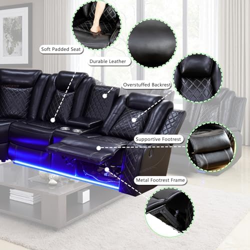 Living Room Furniture Set, Power Sectional Recliner Sofa and Chair Set with LED Light, Air Leather Electric Reclining Sofa with 5 Recliner Seats/Cup Holders/USB Port/Storage Console for Living Room