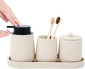 Beige Bathroom Accessories Set - 4 Pcs Bathroom Accessory Sets with Toothbrush Holder,Lotion Soap Dispenser,Qtip Holder Dispensr & Vanity Tray,Bathroom Countertop Vanity Oganizer - Beige
