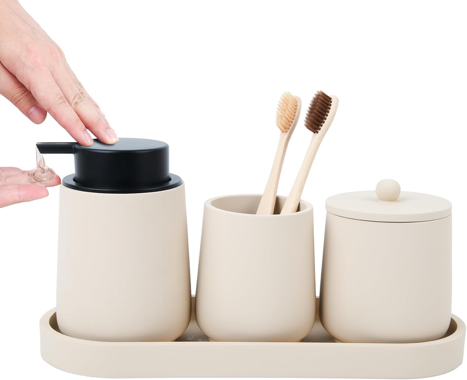 Beige Bathroom Accessories Set - 4 Pcs Bathroom Accessory Sets with Toothbrush Holder,Lotion Soap Dispenser,Qtip Holder Dispensr & Vanity Tray,Bathroom Countertop Vanity Oganizer - Beige