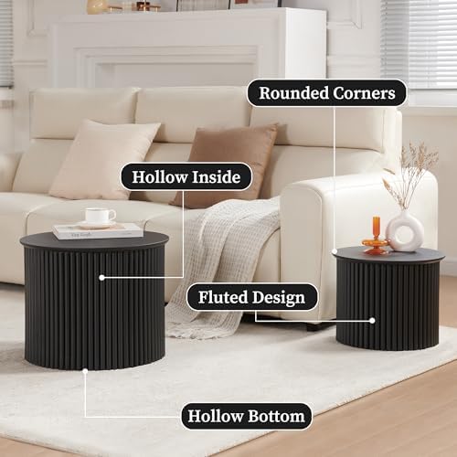 Small Fluted Round Nesting Coffee Table Set of 2, Mid Century Modern Coffee T...