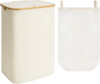 StorageWorks 100L Large Laundry Hamper with Lid, Tall Laundry Basket with Bamboo Handles and 1 Removable Inner Bag, Collapsible Laundry Hamper for Clothing, Towels, Beige, 1-Pack