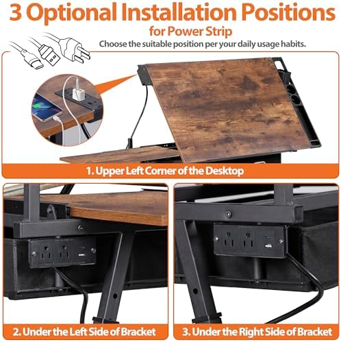 SUPER DEAL Drafting Table Set with Charging Station, Height Adjustable Tiltin...
