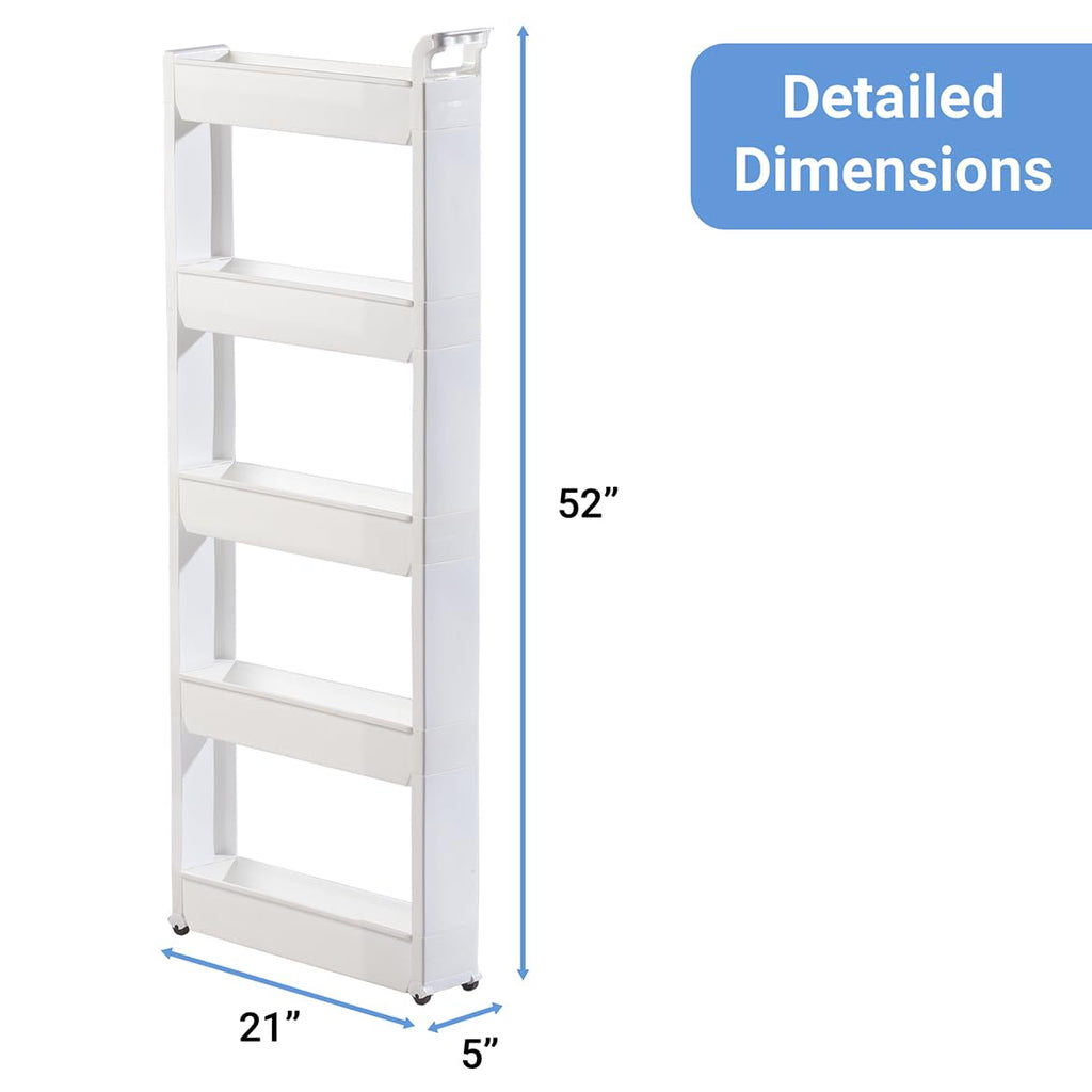 Miles Kimball 5 Tier Slim Cart, White, Durable Plastic, Easy Assembly, Holds Up to 6.5 lbs