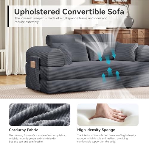 79"Round Arm Sofa with High Backrest Pillow for Living Room (Dark Gray) ...