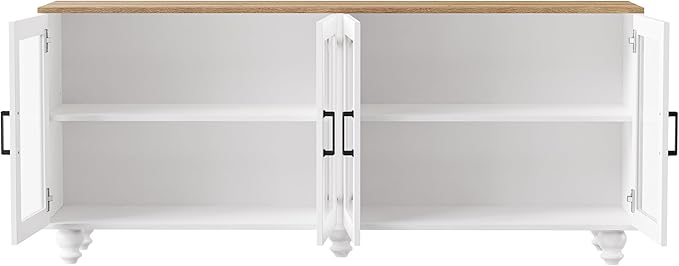 Ball & Cast Farmhouse TV Stand with Tempered Glass Doors for TVs up to 70",Sideboard Buffet w/5 Solid Wood Gourd-Shaped Legs & Adjustable Shelf,Entertainment Center for Living Room,White+Natural