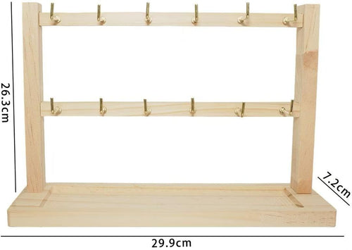 2 Layers of Wooden Display Eacks With Hooks for Necklaces. Rings, Earrings, Bracelets, And Other Jewelry Storage Display Rack