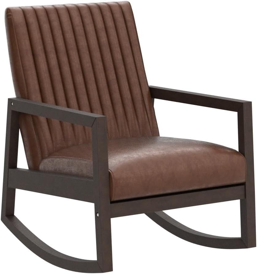 Leather Modern Rocking Chair Mid Century Armchair Upholstered Arm Chair with Padded Seat/Wood Frame, Comfy Rocker for Living Room/Bedroom, Retro Dark Brown PU