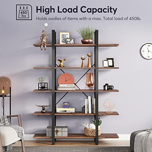 Tribesigns 5-Tier Bookshelf, Vintage Industrial Style Bookcase 72 H x 12 W x ...