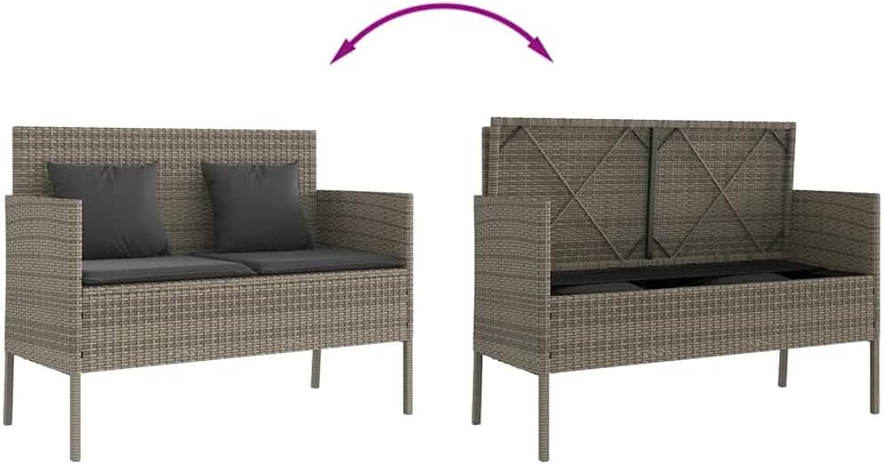 Gray Patio Storage Bench with Cushion, PE Rattan Outdoor Seating with Waterpr...