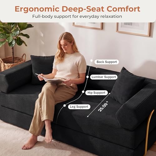 79" Convertible Futon Sofa Bed, Couch for Living Room | Black | 5-in-1 C...