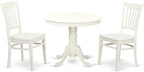 East West Furniture ANGR3-LWH-W 3 Piece Kitchen Table & Chairs Set Contains a Round Dining Room Table with Pedestal and 2 Solid Wood Seat Chairs, 36x36 Inch, Linen White