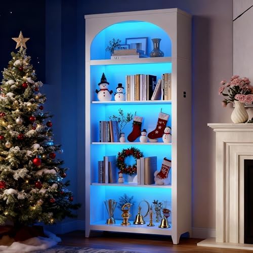 Arched Bookshelf with LED Lights, 70" White Bookcase for Bedroom