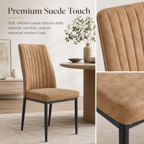 Dining Chairs Set of 4, Suede Upholstered Kitchen Chairs with Metal Legs, Modern Dining Room Chairs with Vertical Channel Backrest, Breathable Armless Chairs for Dining Room, Apartment (Brown, 4)
