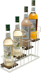 J JACKCUBE DESIGN Syrup Bottle Holder Rack, Rustic Wood and White Metal Wire 4 Tier Syrup, Wine, Dressing Bottle Countertop Display Storage Stand for Kitchen Coffee Bar- MK816B