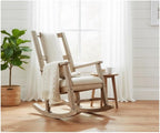 Pemberly Row Mahogany Rocking Chair with Cushioned Seat and Back, Studded Accents, Smooth Rocking Motion, Beige