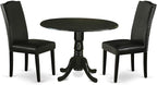 East West Furniture DLEN3-BLK-69 3 Piece Dining Room Furniture Set Contains a Round Dining Table with Dropleaf and 2 Black Faux Leather Upholstered Chairs, 42x42 Inch, Black