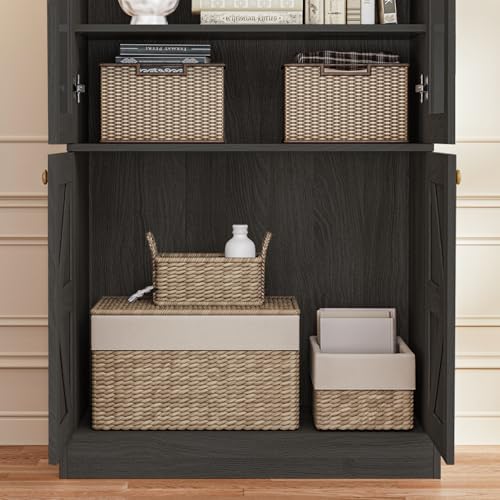71" Tall Farmhouse Bookshelves with Glass Doors, Rustic Large Bookcase w...