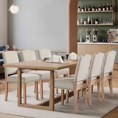 Yaheetech Dining Chairs Set of 6 Fabric Kitchen Chairs Nailhead Trim Beige