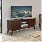 SIMPLIHOME Draper TV Stand - 60 inch Wide Solid Wood Low Media Console in Medium Auburn Brown, Mid Century Modern Entertainment Center for Living Room for TVs up to 65 Inches with Cable Management