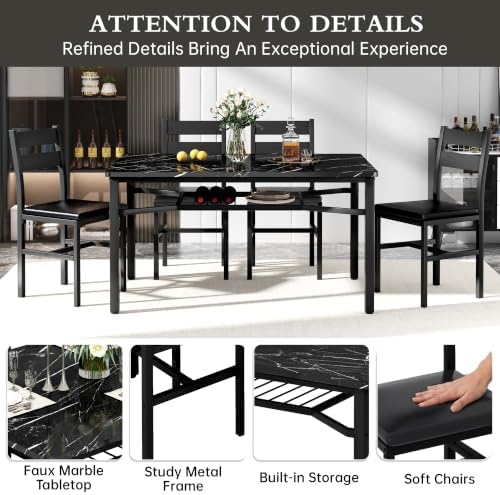 Hooseng 5 Piece Dining Table Set for 4, Modern Kitchen Table with Storage Rac...