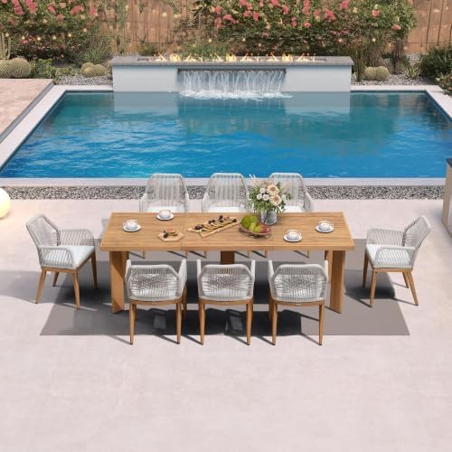 PURPLE LEAF 9 Pieces Patio Dining Set with Cushion and Wicker Armrests Teak