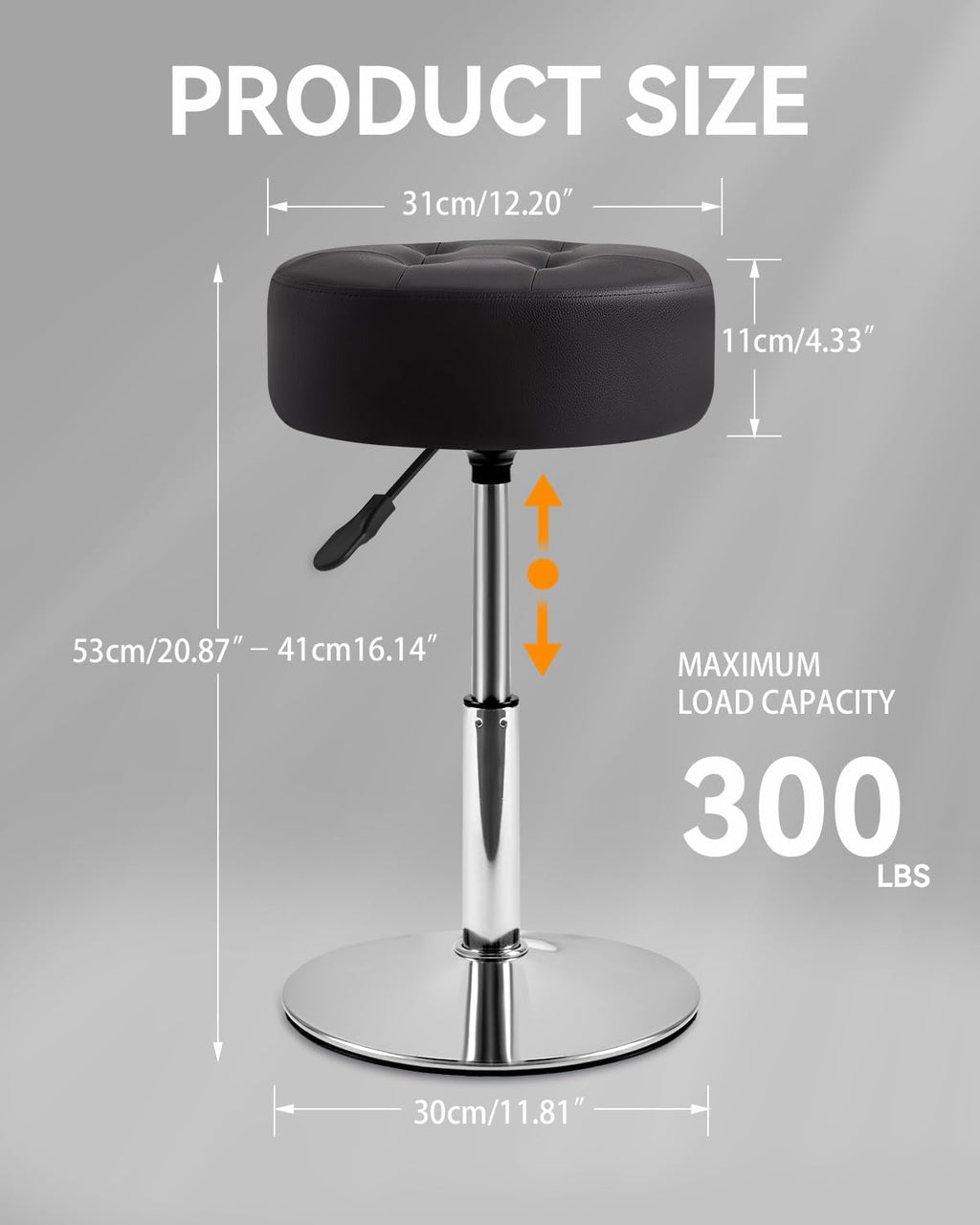IBUYKE Height Adjustable 360°Swivel Vanity Stool Chair, Black WBD025B | Tufted Round Makeup Room Faux Leather Bathroom Living Room Modern Ottoman