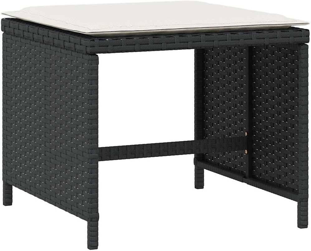 4-Piece Garden Stool Set with Cushions, Black and Cream, Square Outdoor Stool...