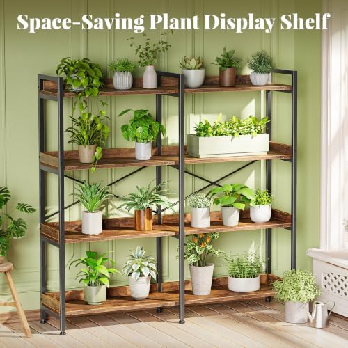 Huuger 4 Tier Bookshelf with 8 Open Shelves and Raised Baffle, Rustic Brown