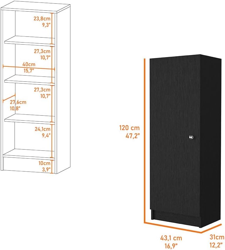 Miami Single Door Pantry, 4 Shelves, Black Engineered Wood, Space-Saving Stor...