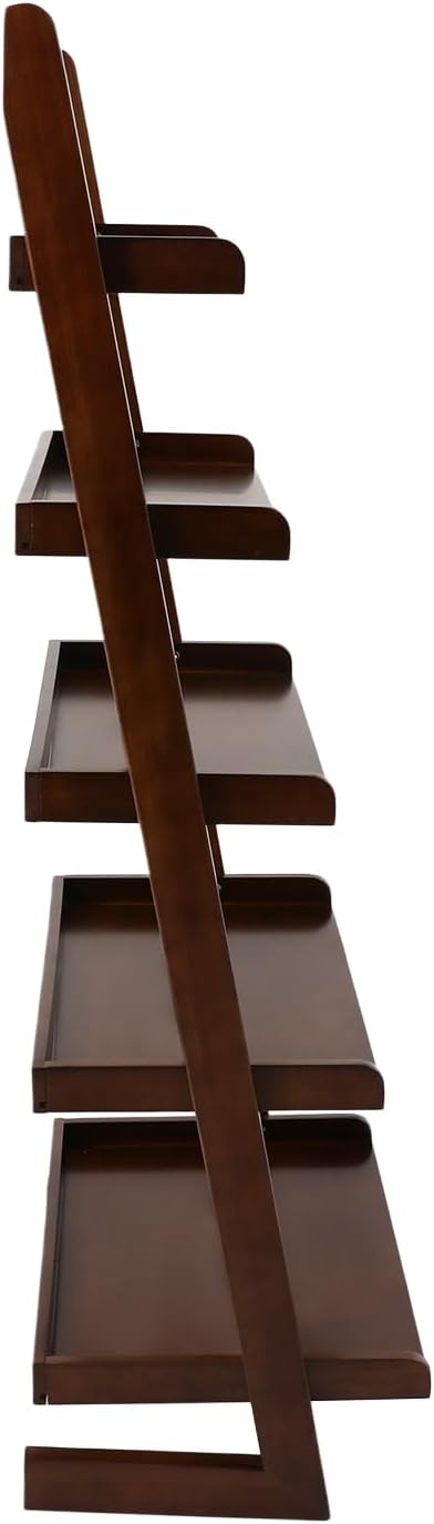 5-Tier Ladder Shelf, Minimalism Wood Ladder Bookshelf L-Shaped Leaning Storage Bookshelf Freestanding Open Bookcase for Living Room Bedroom Offices (Walnut Brown)