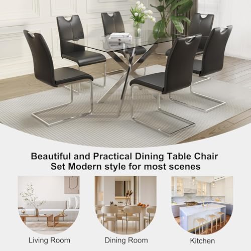 51" 7-Piece Glass Dining Table Set for 6, Black&Silver