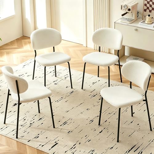 Homedot 5 Pieces Kitchen Dining Room Table Set for 4, Industrial White Dining Table Round with Boucle Dining Chairs Upholstered Set for 4, 47" Kitchen Table & Chairs Set for Restaurant Reception Room