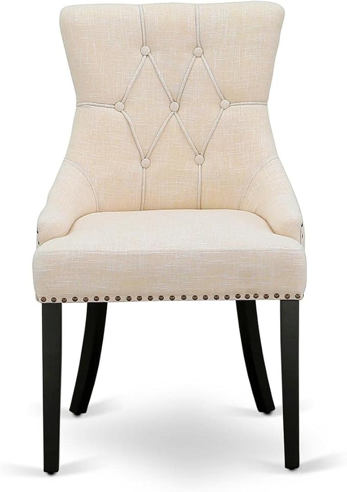 East West Furniture FRP1T02 Friona Parson Dining Room Chairs - Button Tufted Nailhead Trim Light Beige Linen Fabric Padded Chairs, Set of 2, Black