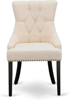 East West Furniture FRP1T02 Friona Parson Dining Room Chairs - Button Tufted Nailhead Trim Light Beige Linen Fabric Padded Chairs, Set of 2, Black
