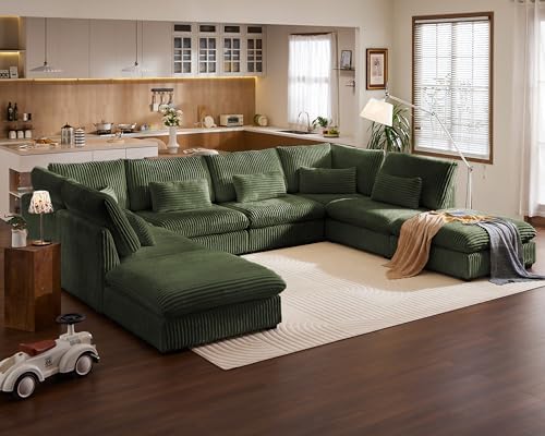154" Oversize Corduroy Modular Sectional Sofa Couches for Living Room,Green | Washable Couch with Fully Removable Cover, Cloud Couch Sectional, 6 Seater with 2 Ottoman