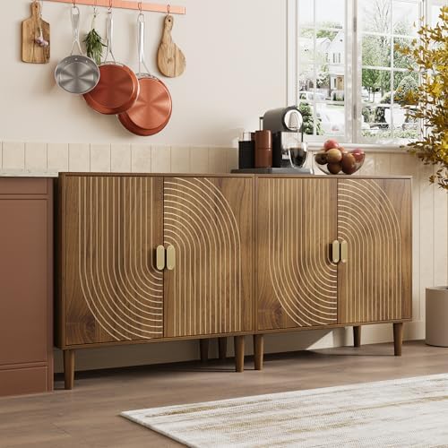 Smuxee Walnut Sideboard Cabinet, Freestanding Buffet Cabinet with Line Groove...