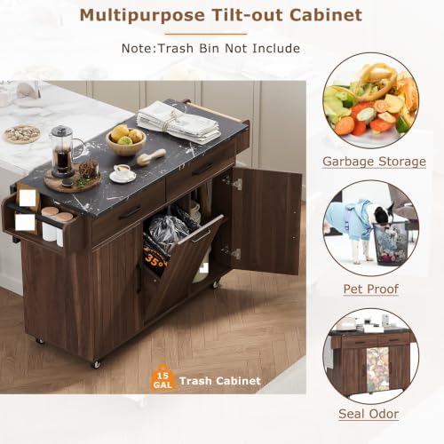 Kitchen Island with Trash Can Storage, Rolling Kitchen Cart on Wheels with Drop Leaf, Drawers, Adjustable Shelf and Tilt Out Trash Can Cabinet for 15 Gallon Garbage Bin, Brown