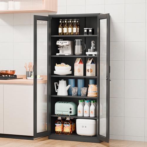 VINGLI Lockable Display Cabinet with Glass Doors & 5 Adjustable Shelves, ...