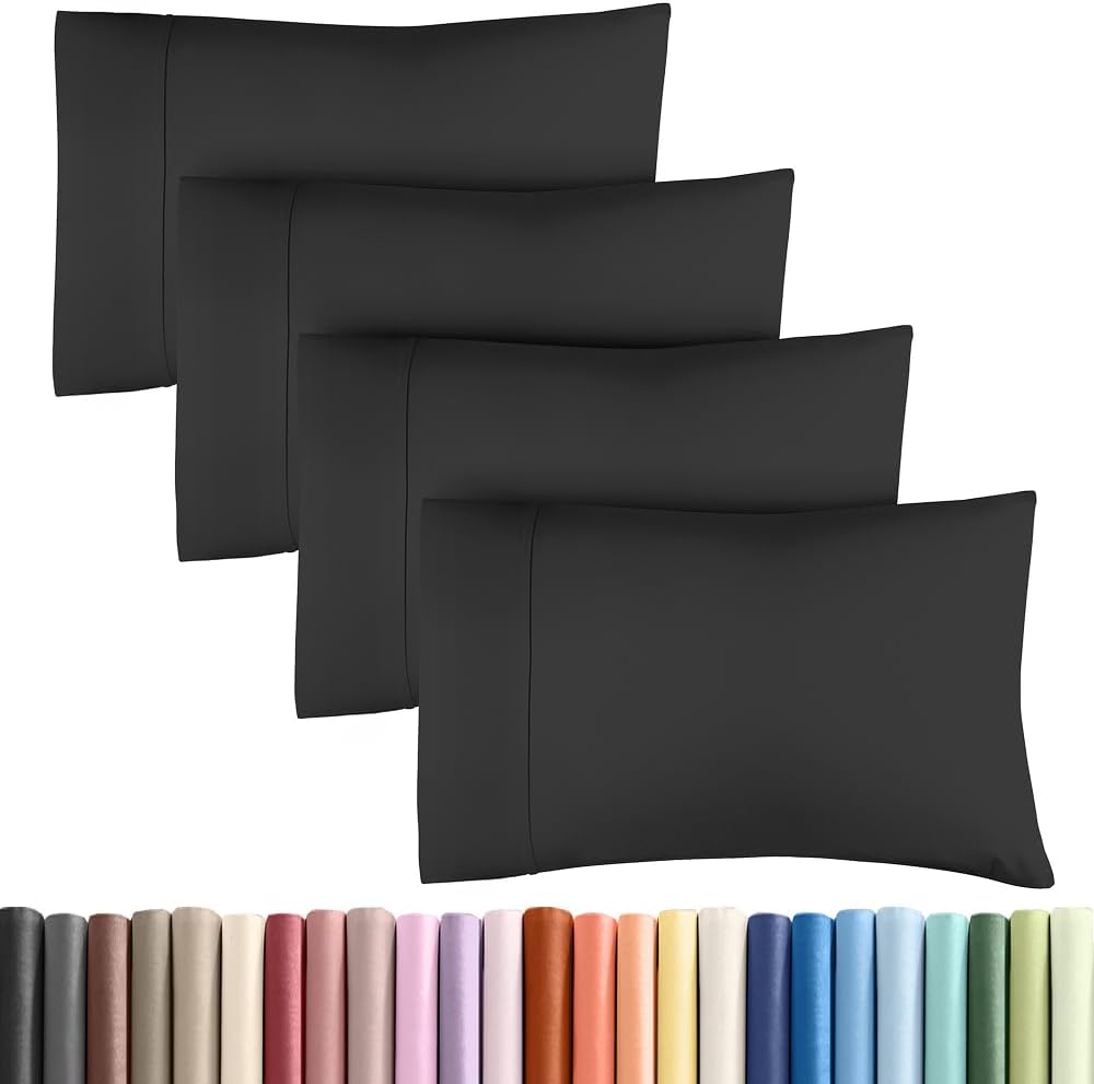 Standard Pillow Cases - 4 Pack - Super Soft Pillowcase Covers - Envelope Enclosure - Hotel Quality Pillow Protectors - Wrinkle Free, Shrink and Stain Resistant - Machine Washable - 20" x 26" (Black)