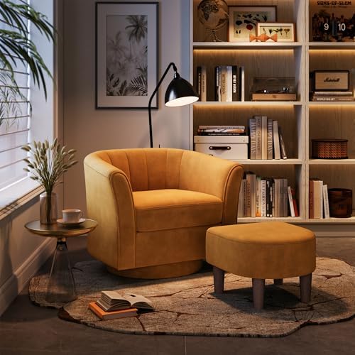 LINSY Large Swivel Accent Chair with Ottoman, Velvet Barrel Chair with Footre...