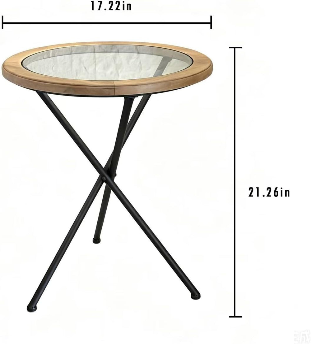 Premium Round Solid Wood Glass Top Side Table, Mid-Century Modern Industrial ...