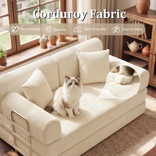 BSHOMGI Convertible Sofa Couch Bed, Folding Corduroy Floor Compression Lovese...