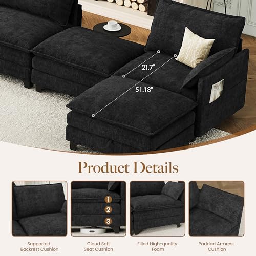 140" U-Shaped Modern Modular Sectional Sofa, Chenille Cloud Couch with S...