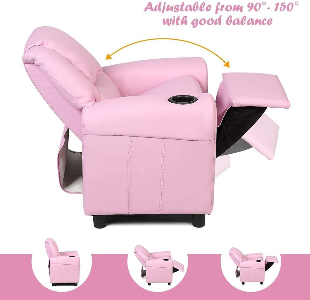 Kids Recliner chair, toddler Armchair Upholstered Couch with Cup Holder, Backrest, baby Leather sofa with Headrest and Footrest, Child Furniture for Ages 2-7(Pink)