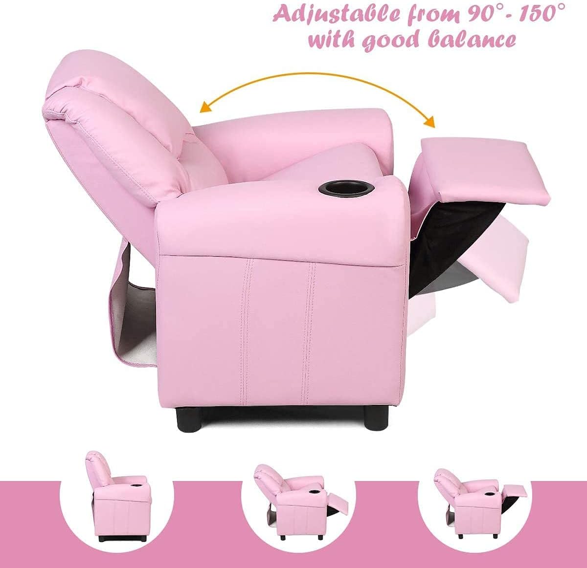Kids Recliner chair, toddler Armchair Upholstered Couch with Cup Holder, Backrest, baby Leather sofa with Headrest and Footrest, Child Furniture for Ages 2-7(Pink)