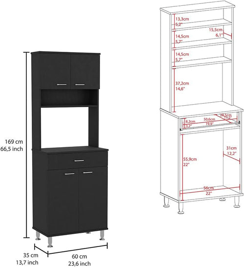 23.6" D*13.9" W*66.5" H Kitchen Pantry with Drawer & 3 Shelves, 2 Double Doors, Rectangular Storage Cabinet, Traditional, for Living Room, Dining Room, Black
